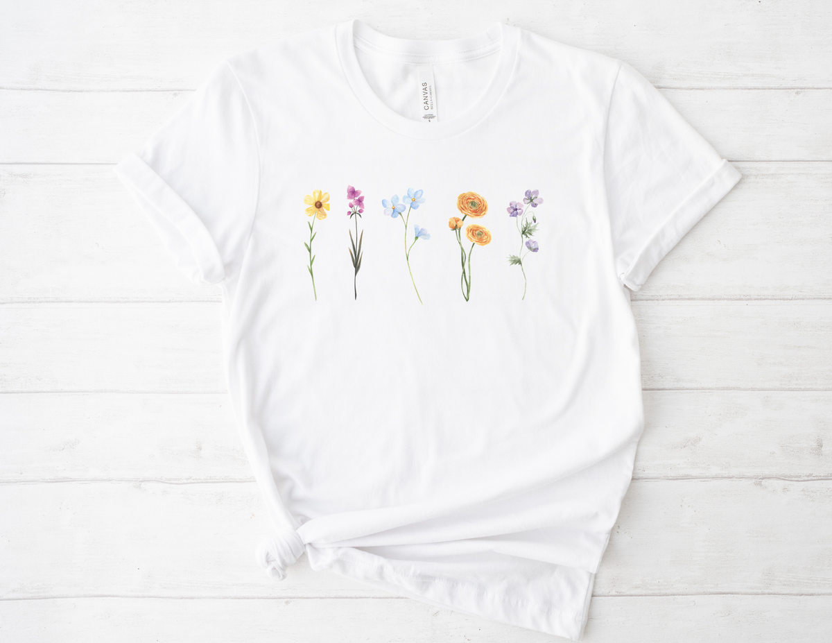 Floral Row Tee Watercolor Wildflowers Graphic T-Shirt